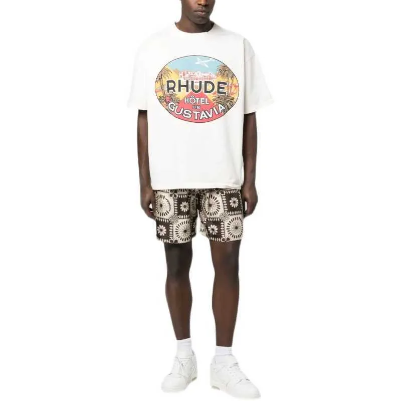 Projektantka moda Tees Tshirts 2023 Summer New Rhude High Street Coconut Tree Letter Drukuj luźne koszulki z krótkim rękawem
