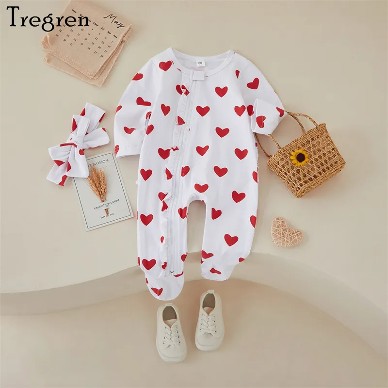 Rompers Tregren Born Baby Girls Mumpsuit Spring outono de manga longa Penas de estampa de coração com faixa de cabeça 2pcs Conjuntos para o Dia dos Namorados 230421