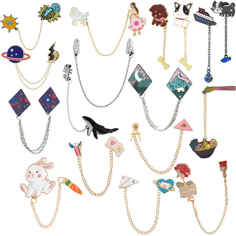 Broches Broches Chaîne en métal Broche Planète Chien Astronaute Dauphin Bol Avion Fleur Livre Fille Métal Émail Broche Vêtements Sac À Dos Cowboy Badge Z0421