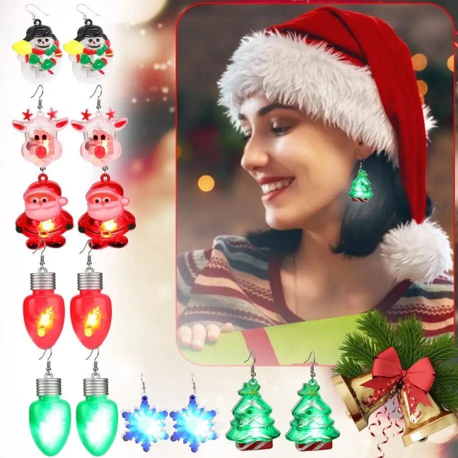 LED-Weihnachtsbaum-Ohrringe aus Acryl für Frauen, Weihnachtsmann, Schneemann, Elchkopf, Party-Schmuck