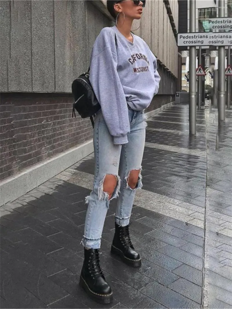 Jeans feminino encantador mulher de cintura alta calça lápis moda harajuku streetwear buracos sexy