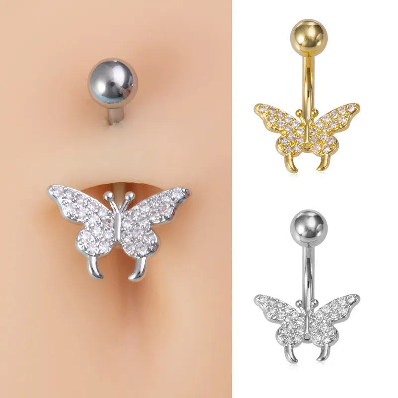 Butterfly Belly Button Ring Crystal Navel Piercing Surgical Steel Navel Bar Belly Ring for Women Sexy Ombligo Body Jewelry