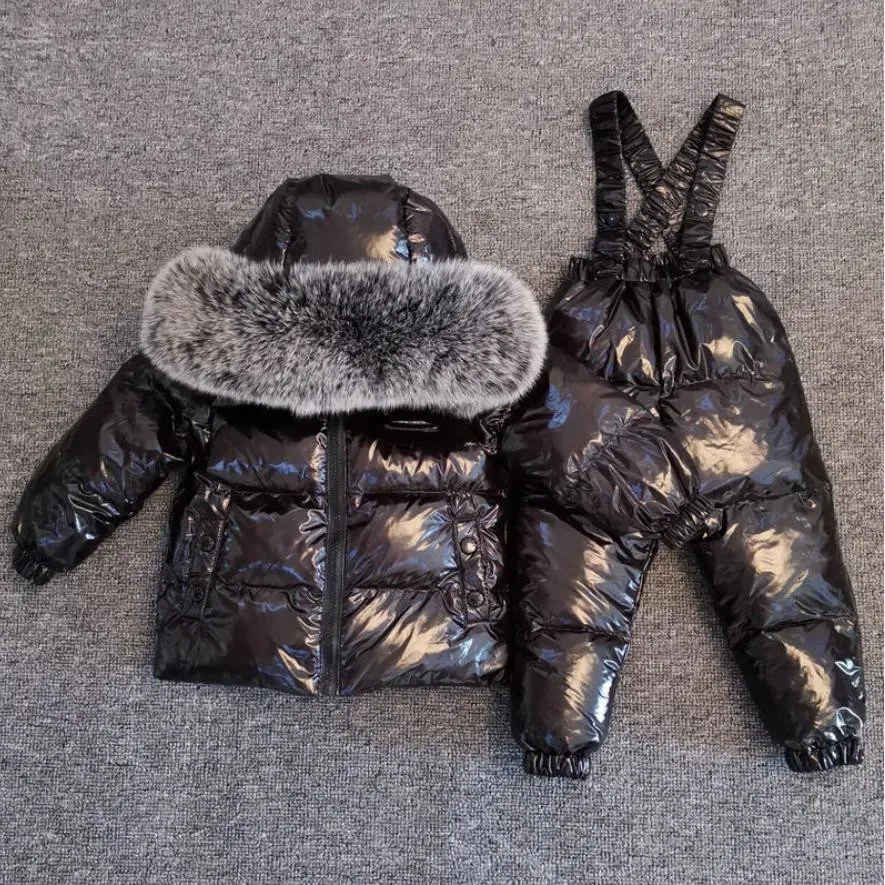 Para baixo casaco de inverno mais grosso crianças jaqueta geral terno grande gola de pele real crianças terno de esqui meninos meninas jaqueta quente prata ws1876 231120