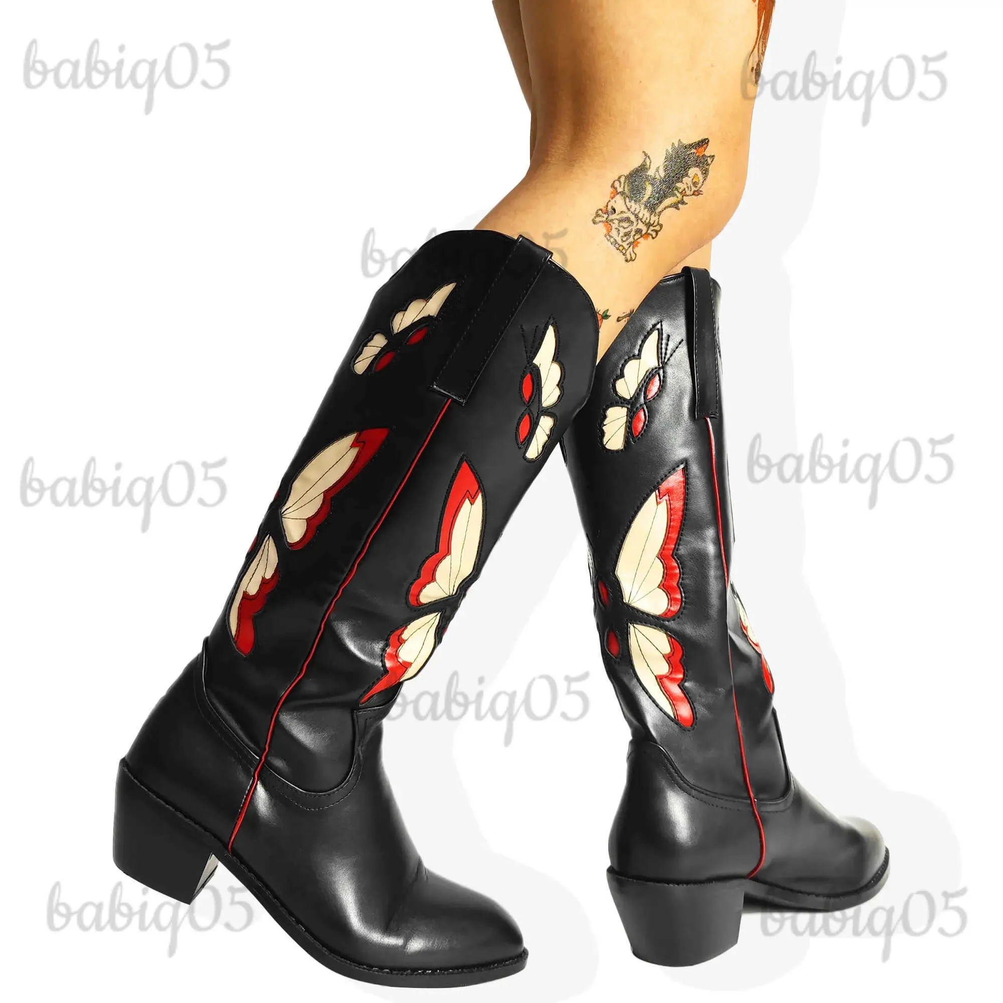 Boots GIGIFOX Cowboy Cowgirl Mid Calf Boots Butterfly Embroidered Brand Design Gothic Style Autumn Winter Slip On Western Retro Shoes T231121