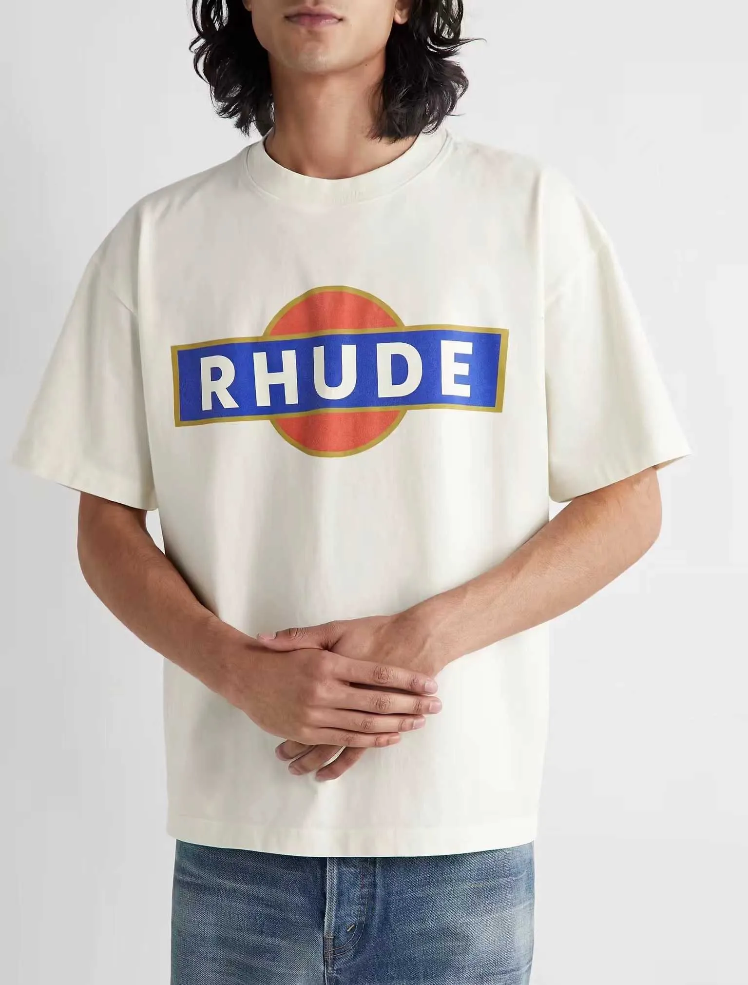 デザイナーファッション衣類 Tシャツ Tシャツ Rhude 夏ヴィンテージレーサー半袖 Tシャツ白ルースコットントレンディなラウンドネックトップスストリートルーズヒップホップ