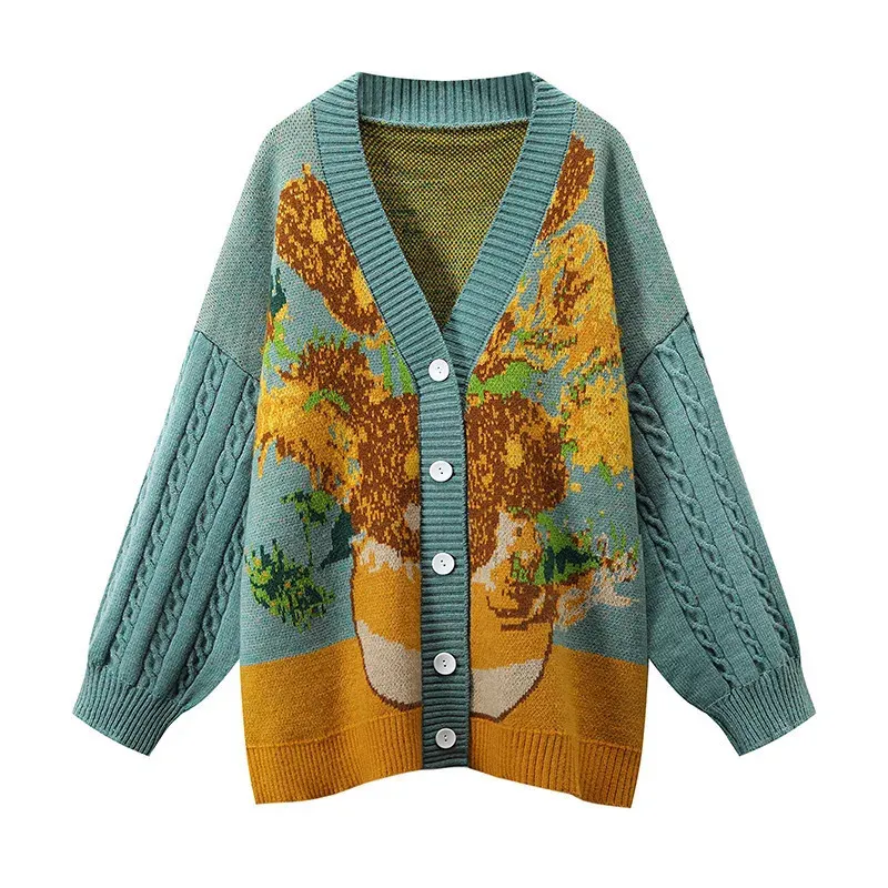 Maglieria da donna Tees Van Gogh Girasole Vintage Manica Cardigan Maglione lavorato a maglia 2023 Donna Elegante Lusso Ricamo Maglieria Maglioni Streetwear Top 231120