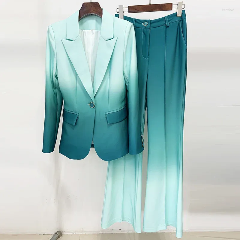 Gradient Green Blue Suit Set For Women Blazer And Flare Pants