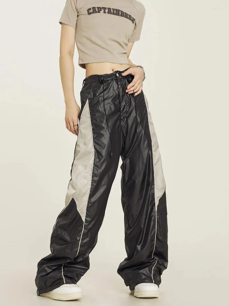 Calças masculinas americanas retro perna larga faixa e campo para homens mulheres hip-hop desempenho vestindo solto casual na moda