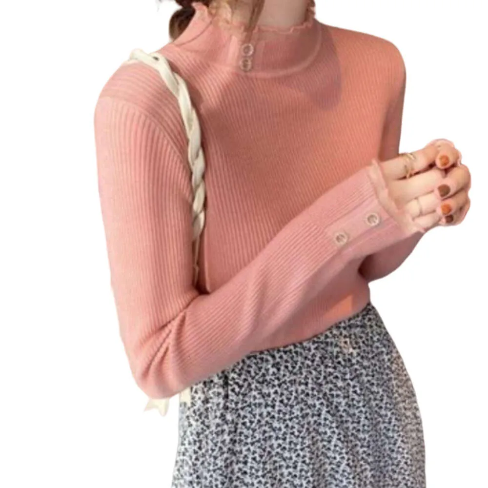 Diseñador de moda de la mejor marca Suéter con cuello medio alto para mujer en otoño e invierno 2023 Nuevo suéter con borde de encaje versátil y ajustado con capa interior de punto superior