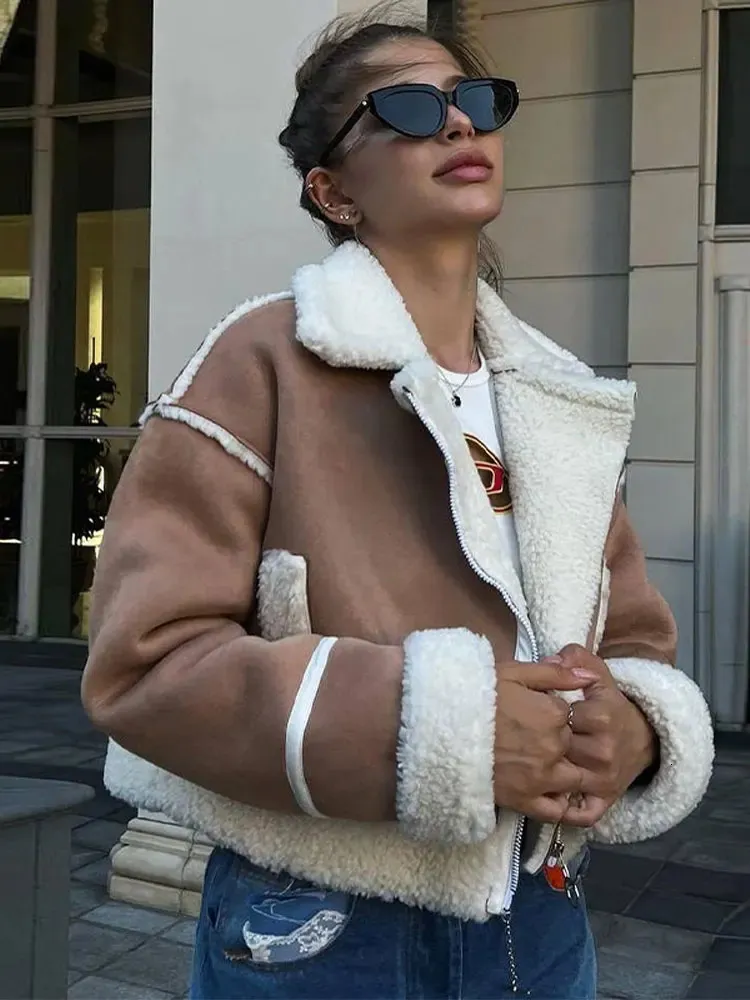 여성 재킷 패치 워크 가짜 양모 양고기 지퍼 포켓 짧은 양털면 코트 암컷 따뜻한 캐주얼 플러시 아웃복 231120