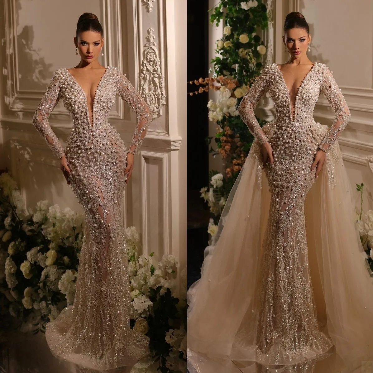 Low Back Mermaid Fitted Wedding Dresses Hot Deep V-Neck