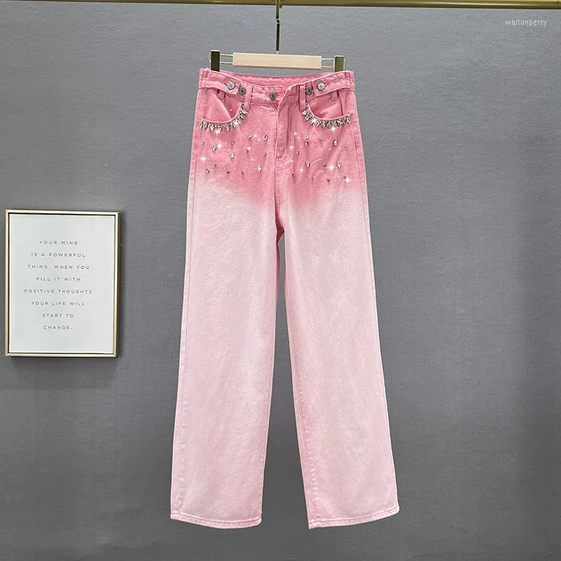 Dames jeans los voor vrouwelijke roze broek 2023 lente hoge taille diamant brede poten broek vrouwelijk gewassen cowboymeisjes Jean