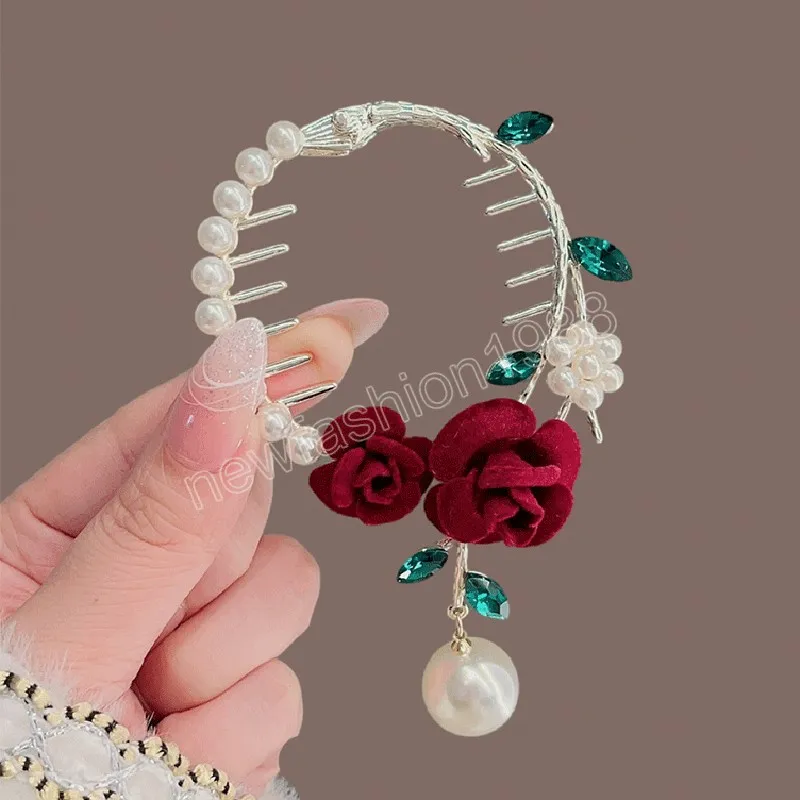 Fashion Rose Flower Hair Clip żeńska elegancka perłowa frędzla kucyk klamra klipu Kobiety do włosów Hair Akcesoria