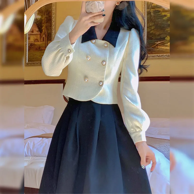 Two Piece Dress Big Swing Black Pleated Skirts Suits Lapel Double Breasted Blazer Jacket OL Shirts Two Piece Sets Clothes Chic 230421