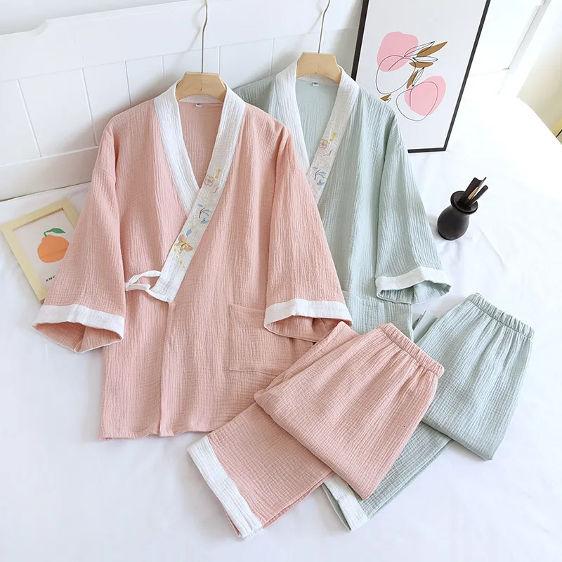 Women's Sleepwear Japanese Kimono Pajamas Women 100% Cotton Gauze Pajama Set V-Neck Three Quarter Solid Sleepwear Plus Size Two Piece Set Summer 230421