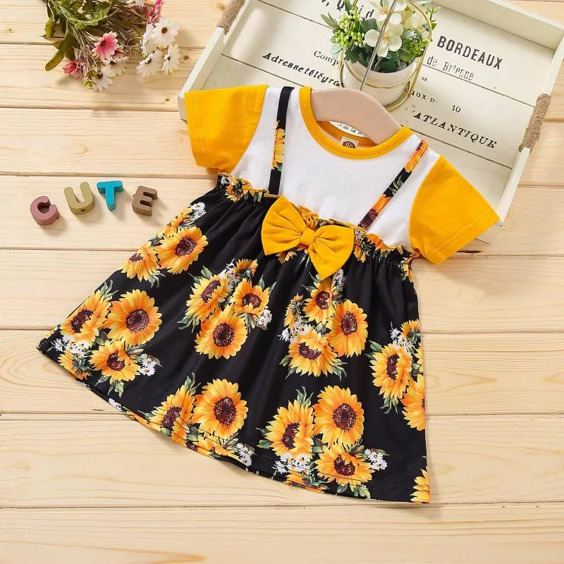 Robes de fille Imprimé Filles Court Bowknot Tournesol Princesse Toddler Dress Sleeve Baby DressSkirt