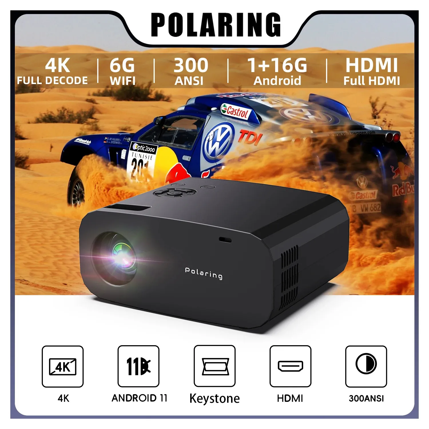 Autres appareils électroniques Polaring P7 Android 1080P Projecteur Full Decode 4K Projetor Dual 6G Wifi BT 300Ansi Cinema Home Keystone Proyector 231117