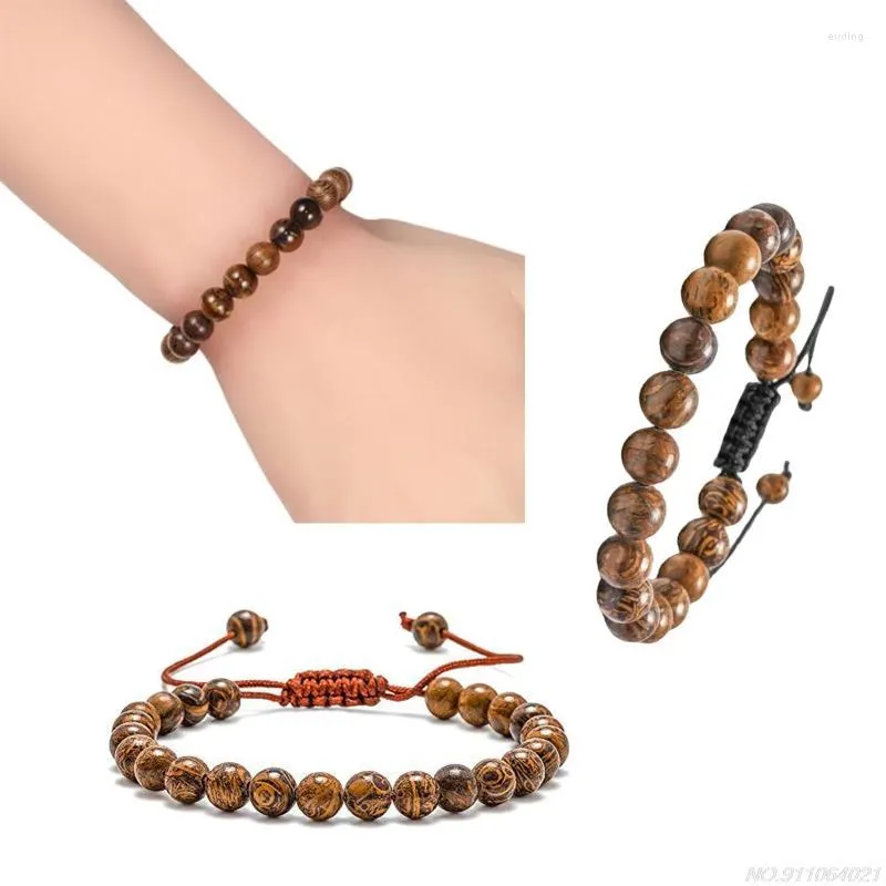 Braccialetti di fascino Reiki Healing Energy Natural Tiger Eye Eye Bracciale in legno Perle regolabili intrecciate Yoga Au16 22