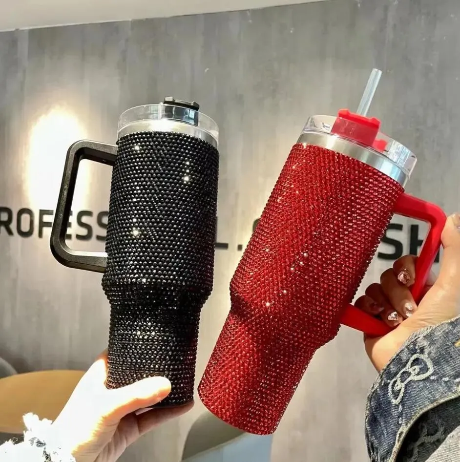 1pcs 40oz Bling Tumblers avec poignée couvercle et paille strass voiture voyage tasses support isolé en acier inoxydable double paroi tasses d'eau FY5717 1121