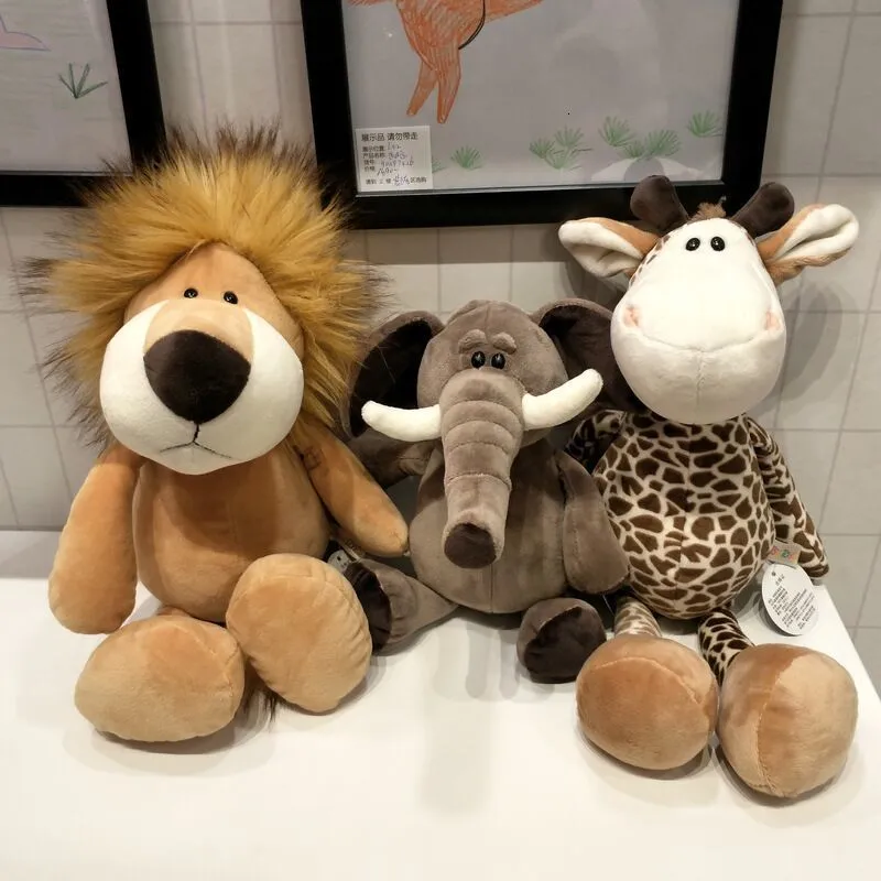 Dolls de pelúcia de 25cm de 25 cm de leão de leão tigre de elefante de elefante de leopardo girafa boneca simulação de boneca florestal animais brinquedos para crianças presentes 230421