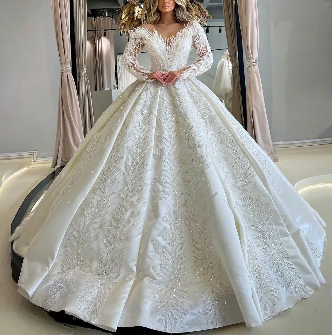 Lyxig Balklänning Bröllopsklänningar Långa ärmar V-ringad Paljetter Applikation Pärlor Volanger Brudklänningar Diamanter Pärlor Högtidsklänning Plus Size Custom Made Vestido de novia