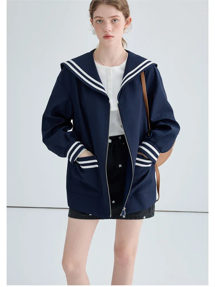 Damesjassen molan preppy stijlvolle vrouw herfstjack blauw 2023 ronde marine nek ritsje schattig mode korte vrouwelijke casual jas