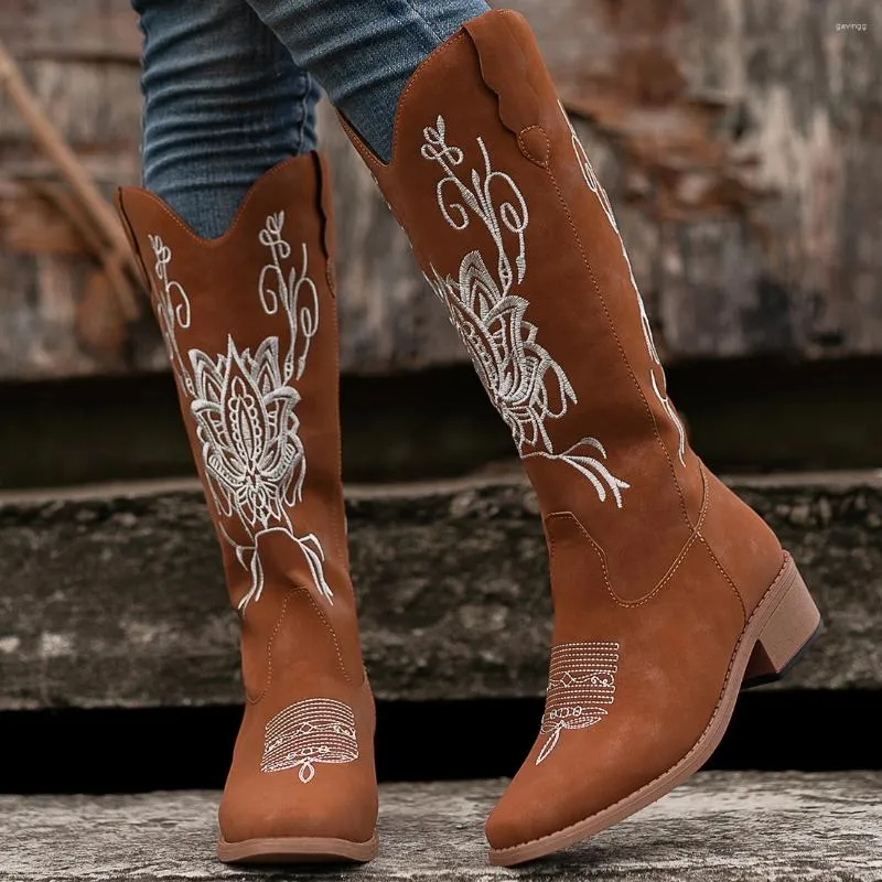 Boots Autumn Winter White Women's Knee High Plus Size 43 Women Comfy Walking Female Retro Brodery Cowboy Boot