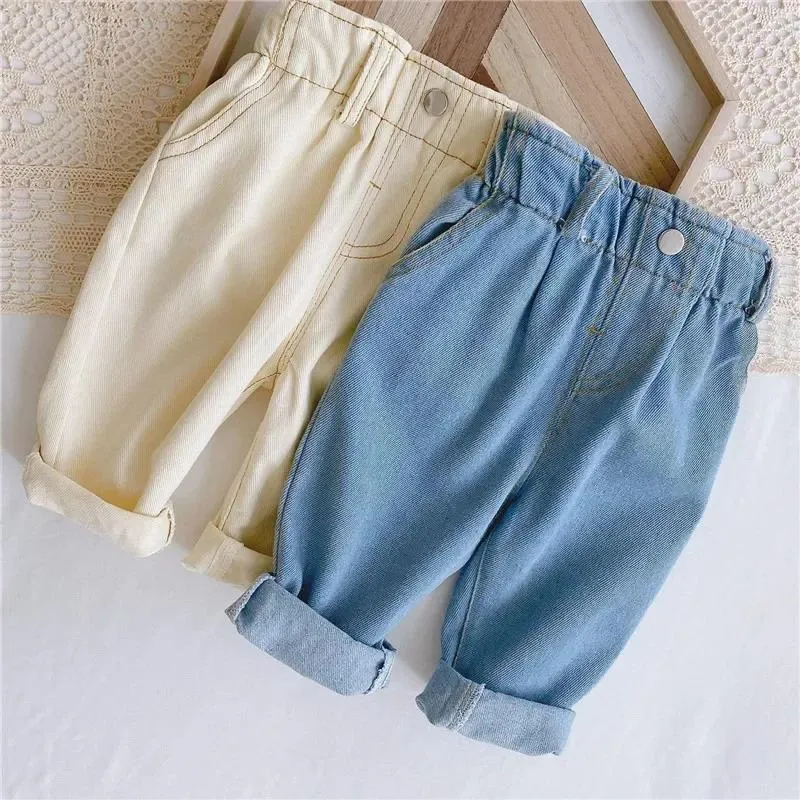 Trousers 2023 Autumn And Winter Jeans Baby Girl Clothes Boy High Waist Solid Color Warm Out Children's Clothing