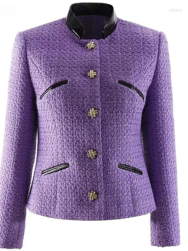 Jackets femininos 2023 Designer de moda Autumn Winter Tweed OutWear Women Stand pescoço de peito de peito longo Longo Slim Purple Casat