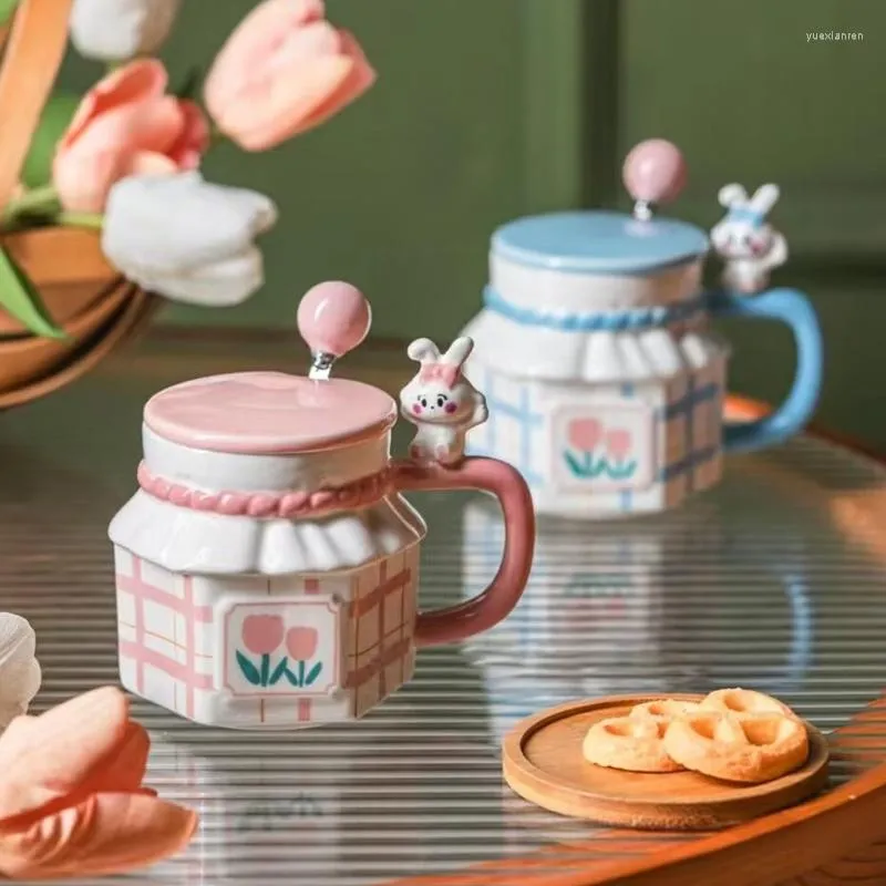 Mugs 2023 Style Creative Cartoon Tulips Little Theme Water Bottle Ceramic Mug Cup With Lid Spoon Pink Blue 2 Colors