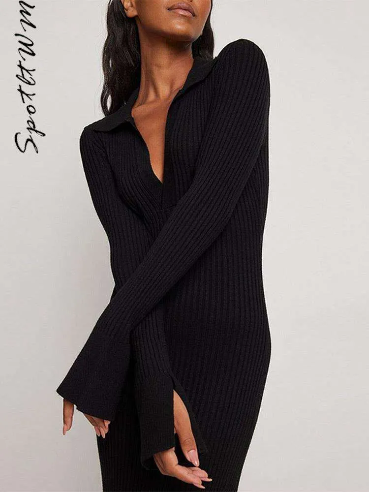 Robe tricotée Sexy pour femmes, Slim, couleur unie, élégante, manches longues, décolleté en V profond, taille haute, automne, Streetwear