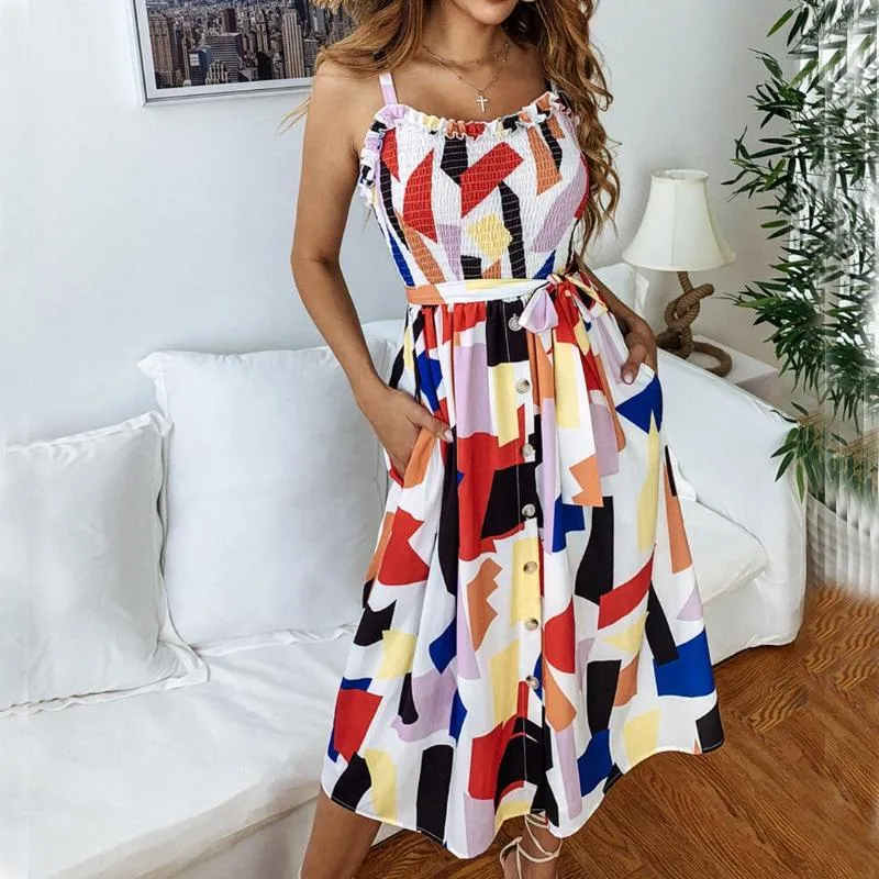 Casual Dresses Summer Elegant Elastic Sunflower Print Beach Dress Women Sexy Spaghetti Strap Mid-Calf A-line Lady Ruffles Belt