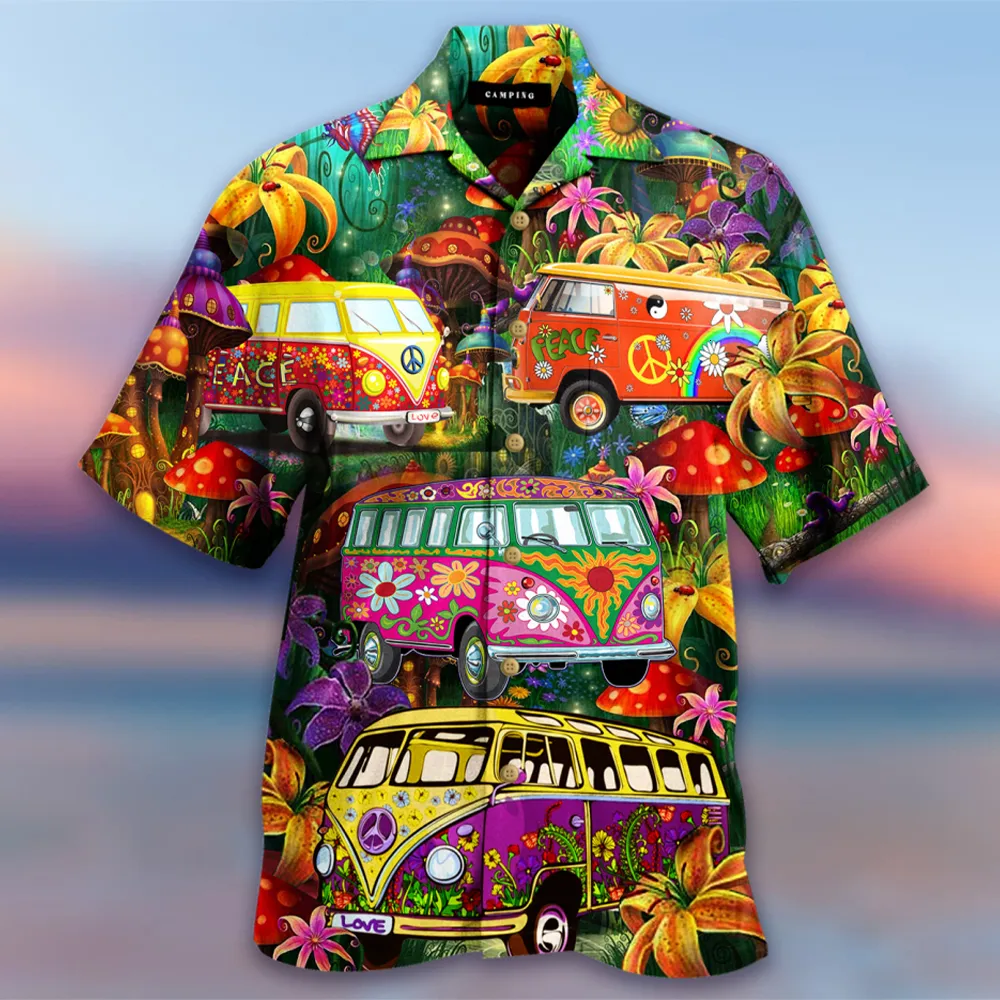 Camisas casuais de verão desenho animado de estampa de caminhão de verão Funny Hawaiian for Men Beach Férias estilo Top Tee Streetwear Roupas 230421