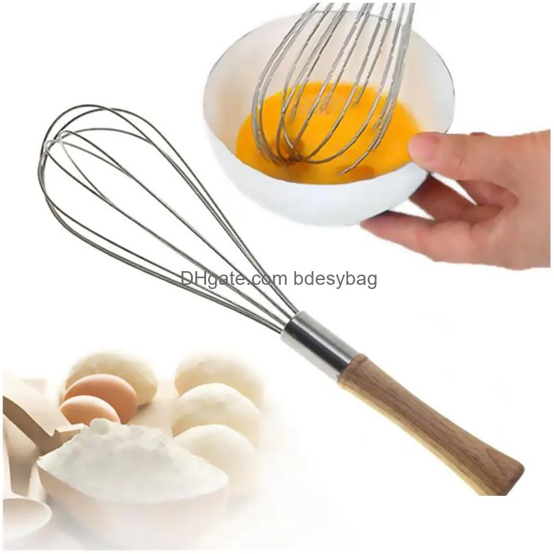 10/12inch stainless steel eggs beater hand mixer butter blender whisk wooden handle kitchen gadget wholesale lx2826