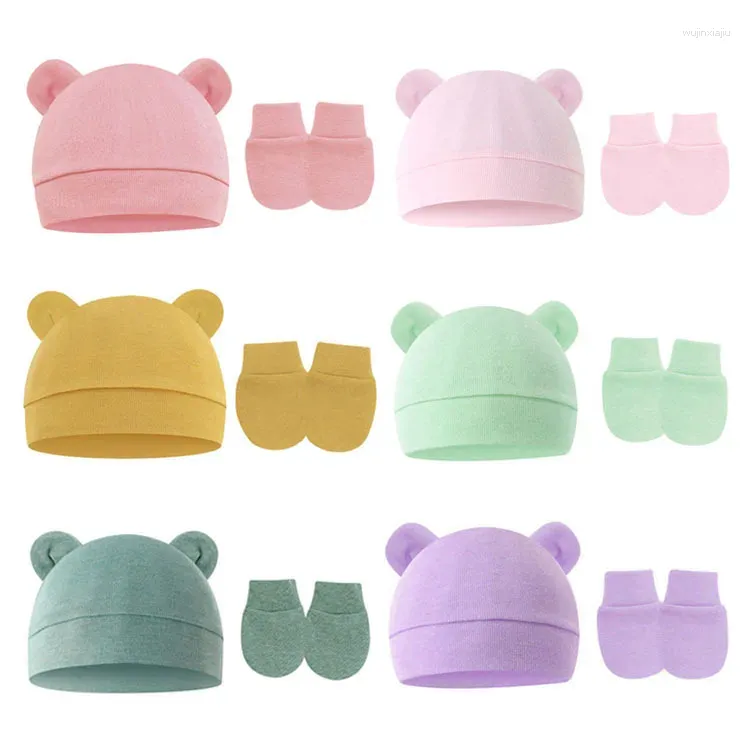 Hair Accessories 2pcs/lot Born Baby Cotton Beanie Hats And Gloves Set Cute Bear Fall Casual Stretchy Infant Warm Cap Fashion