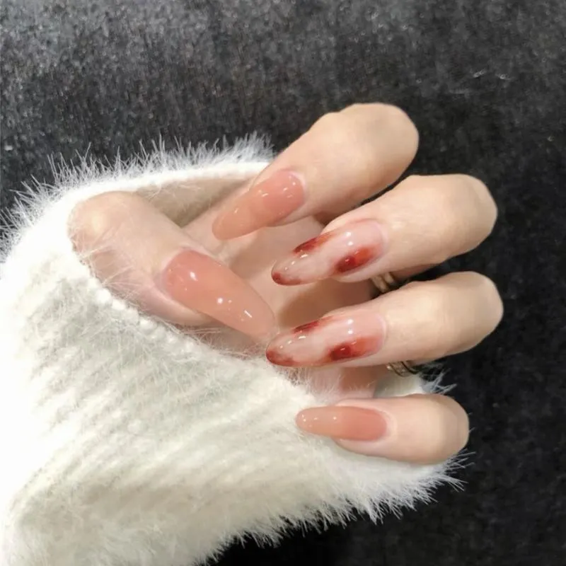 Falska naglar 24st rosa falska glansiga konstgjorda dam naglar glitter nagel med självhäftande tryck på