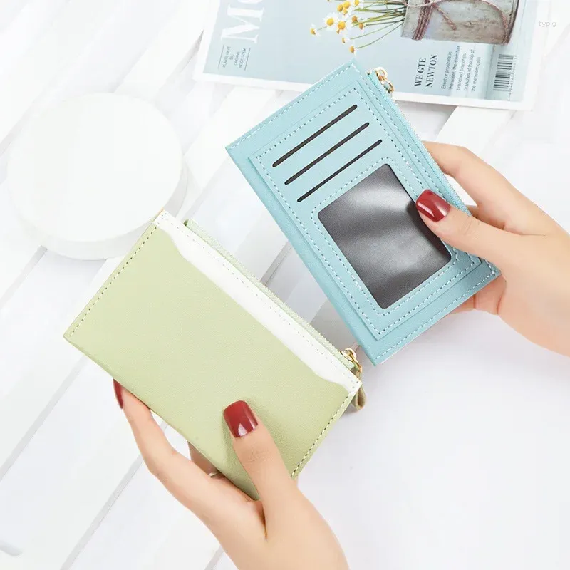 Card Holders Bag Female Zipper Purse PU Leather Splicing Color Small Fresh Money Clip