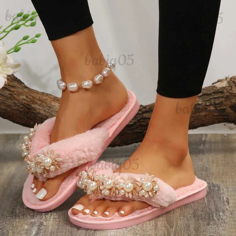 Chinelos de inverno coral decoração de pele sintética chinelos quentes moda peludo flip flops deslizamento em apartamentos femininos sapatos dropshipping whosale 2021 t231122