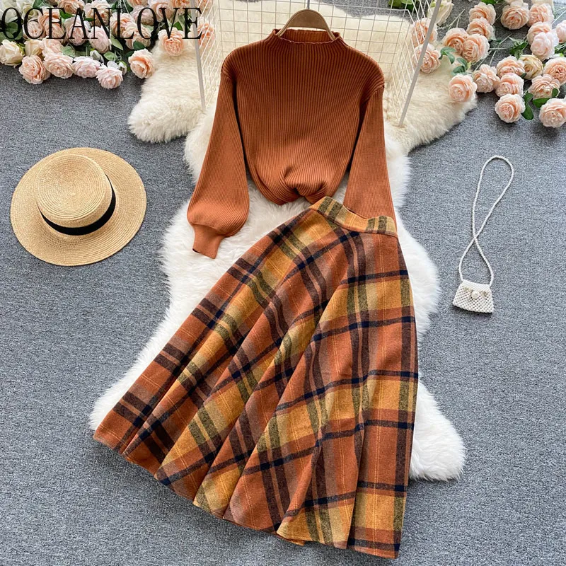 Zweiteiliges Kleid OCEANLOVE Zweiteiliges Set Frauen Stricken Koreanisch Elegant Conjunto Femenino Solide Sweaterplaid Lange Röcke Herbst Winter Kleidung 230421