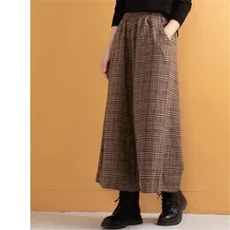 Women`s Pants Vintage Plaid Wide Leg Loose Women Wool Skirts Elastic High Waist Casual Office Ladies Winter Autumn Calf-Length