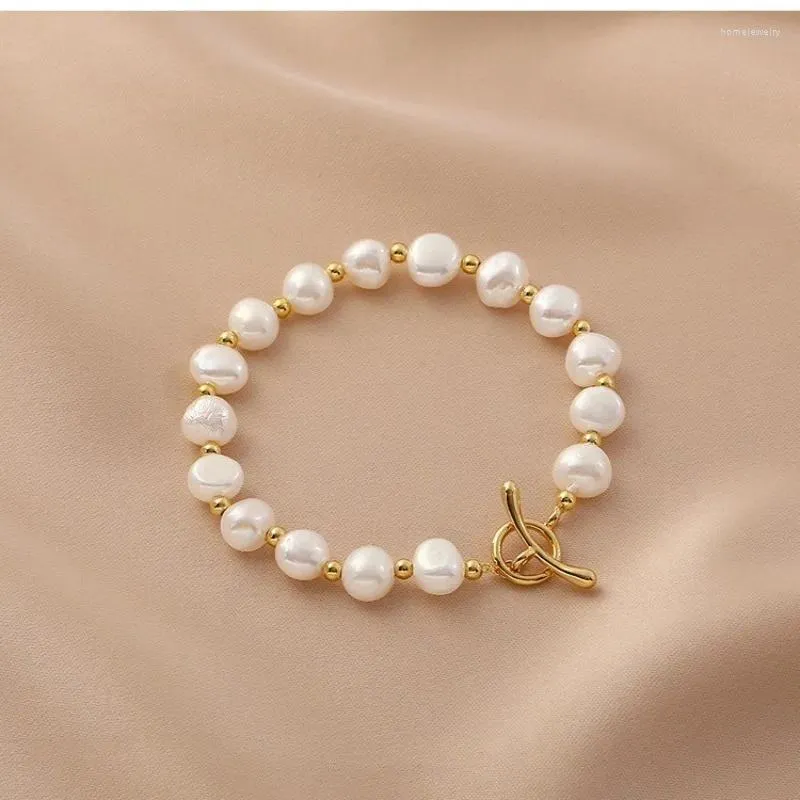 Strand ALLME Classic Natural Freshwater Pearl Beaded Bracelet For Women 14K Real Gold Plated Copper OT Toggle Clasp Bracelets