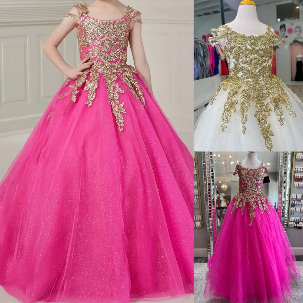 Fuchsia Gold Little Girl Pageant Dress 2024 Sequin Applique Shimmer Baby Kid Fun Fashion Runway Drama Birthday Formal Cocktail Party Gown Toddler Teen Mini Quince