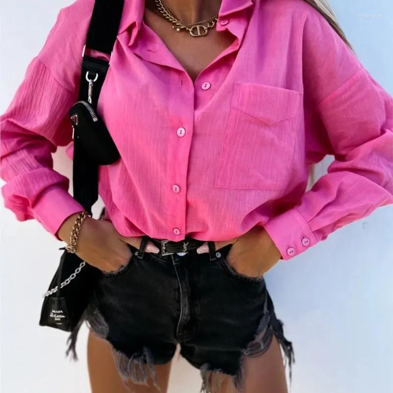 Blusas femininas primavera/verão 2023 ajuste solto manga longa com decote em v botão remendo bolso irregular personalidade estilo rua camisa feminina