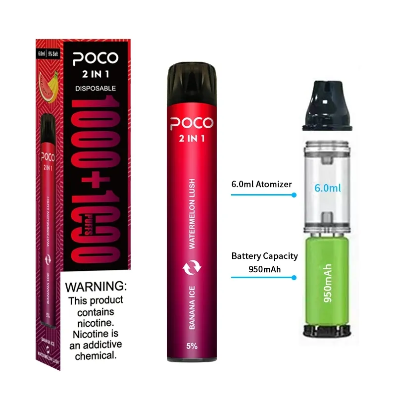 Склад ЕС, США, оригинальные 1000 + 1000 затяжек, одноразовые Vape Poco 2in1, электронная сигарета Vape Pen, перезаряжаемая регулируемая подача воздуха, 3 + 3 мл, 6 ароматов