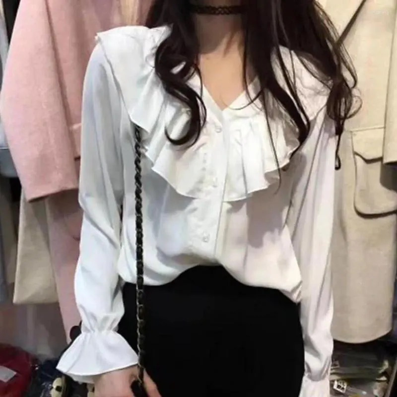 Women's Blouses Women Shirt Pullover Sweatshirt Tops Long Puff Sleeve V Neck Ruffle Hem Buttons Chiffon Blouse Top Pullovers