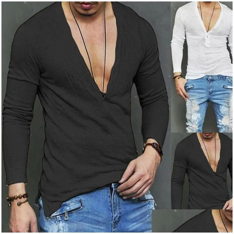 Camisetas masculinas Novo estilo moda Men casual manga longa slim fit shirts Deep V Linha de pescoço camiseta superior Droga de entrega