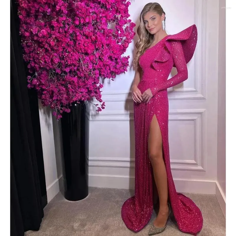 Robes de soirée Fuchsia une épaule bal à manches longues paillettes côté fendu robes de soirée de cocktail pour femme robe Maxi élégante