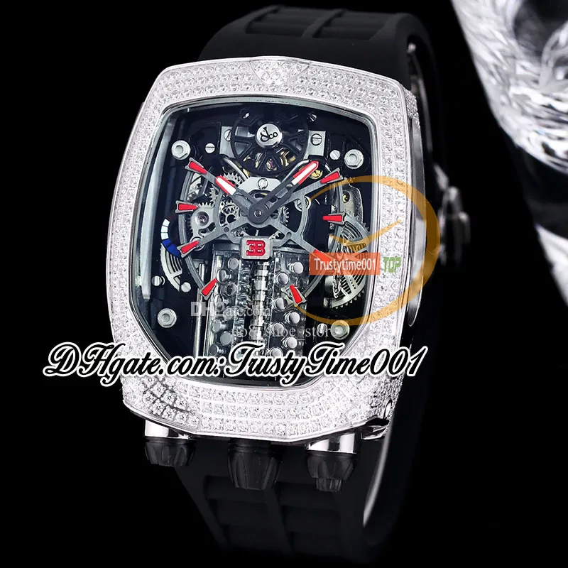 Bugatti Chiron Tourbillon Autoamtic Mens Watch 16シリンダーエンジンスケルトンダイヤルアウトダイヤモンドのケースレッドマーカーTrustyTime001WatchesBU200.30