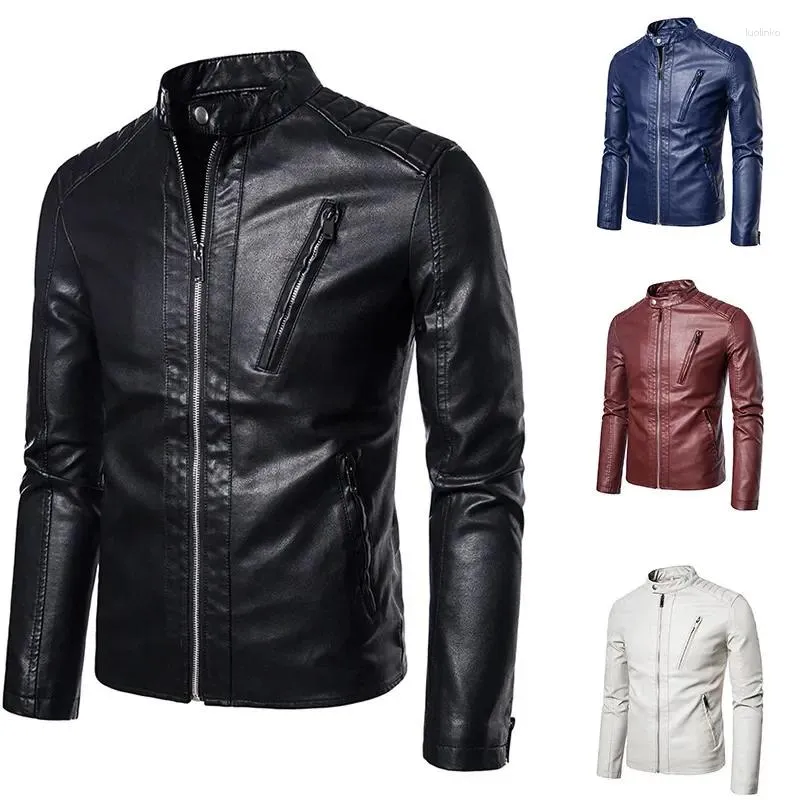 Men's Jackets Leather Casual Jacket Trend Slim Fit Stand Collar Coat Spring Autumn Fashion Motorcycle Black White Top M-5XL