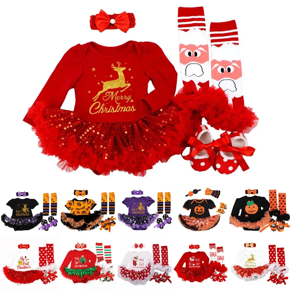 Macacão Meu 1º Natal Bebê Meninas Romper Conjuntos Shorts Vestido Conjunto Traje de Halloween Roupas Roupas de Bebê 4 Pcs Presentes de Bebê de Natal 231120